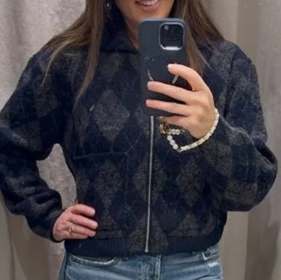 ZARA ARGYLE KNIT BOMBER JACKET - Picture 1 of 13